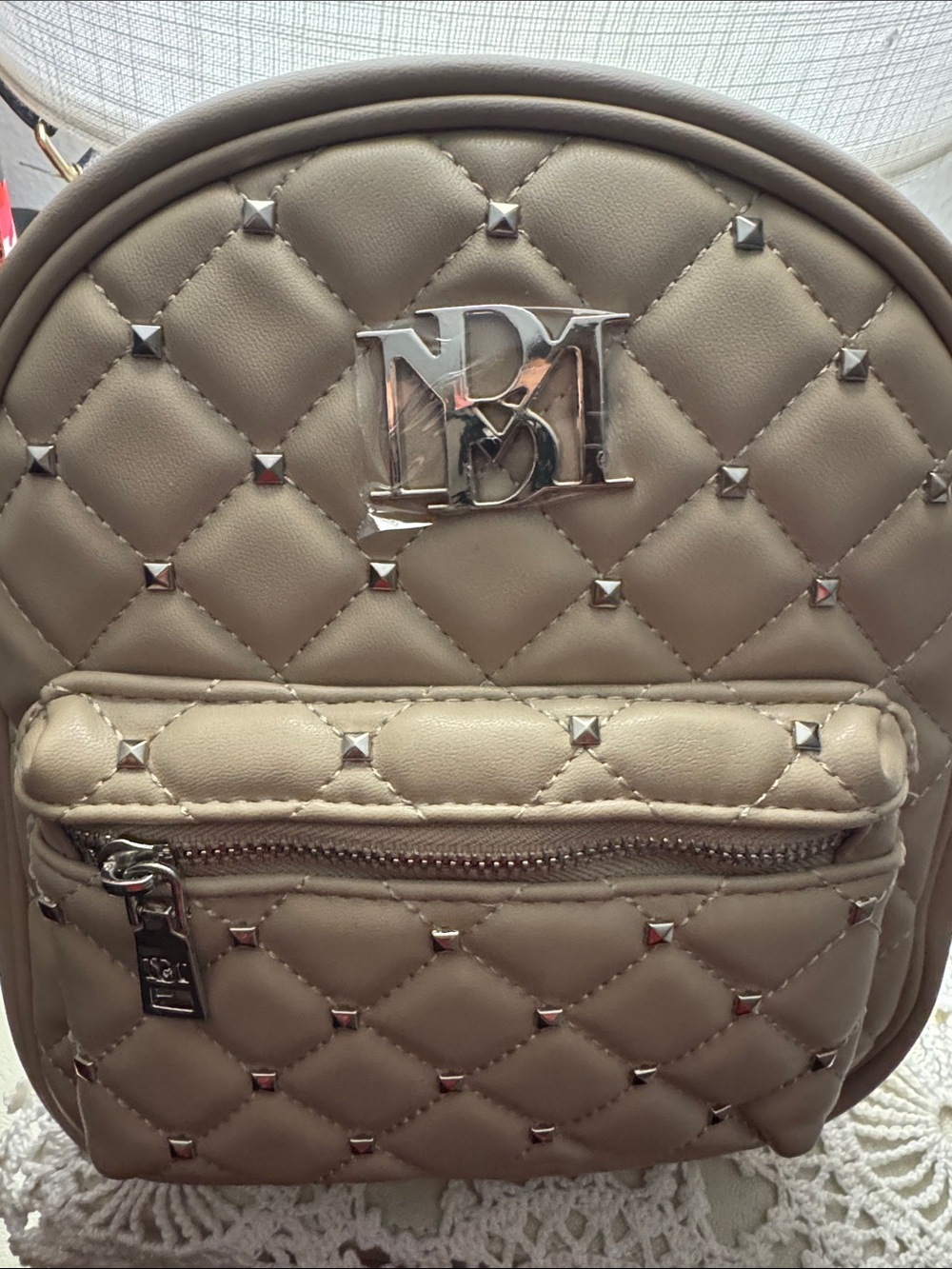 Badgley Mischka Quilted Mini Backpack in Beige with Silver Hardware NWT - Picture 3 of 5